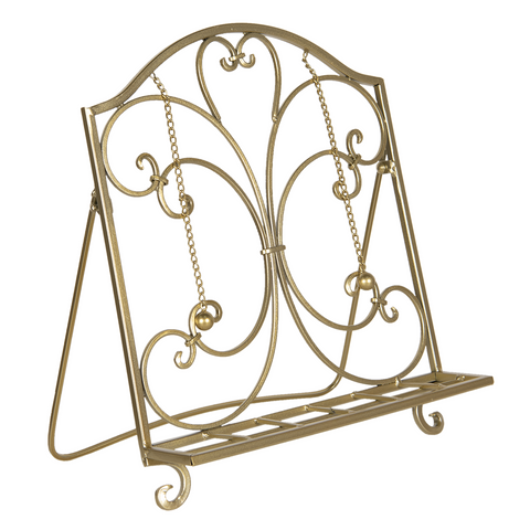 Cookbook Stand Metal Book Holder Easel Gold Lectern Fleur-De-Lis Weighted Chains
