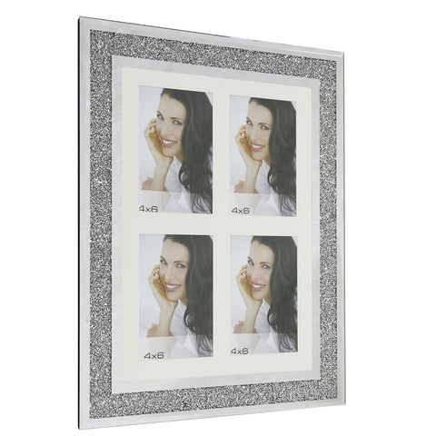 Glass Sparkly Four Photo Silver Diamond Crush Wall Multi Picture Frame 4" x 6" 