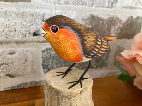 Robin Ornament Figurine Bird on Real Log Stunp Hand Carved Wood  Loved Ones are Near