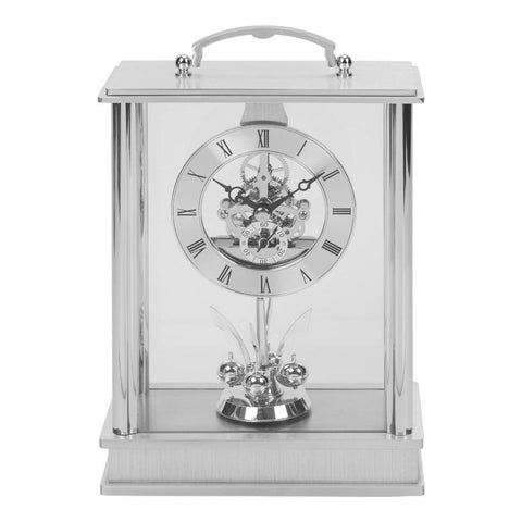 Metal Carriage Mantel Clock Skeleton Movement Rotating Pendulum Silver 22cm