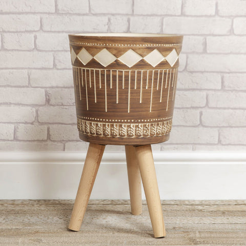 African Style Brown Planter Pot on Wooden Tripod Legs Stand Garden or Home 54cm