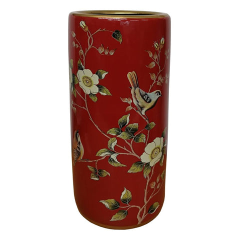 Red Oriental Umbrella Stand Holder Ceramic Porcelain Birds Floral Hall Decor