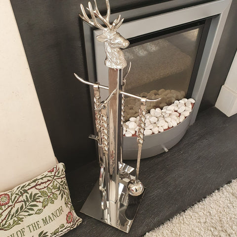 5 Piece Companion Set Fireside Fire Tools Silver Nickel Stag Design Fireplace 
