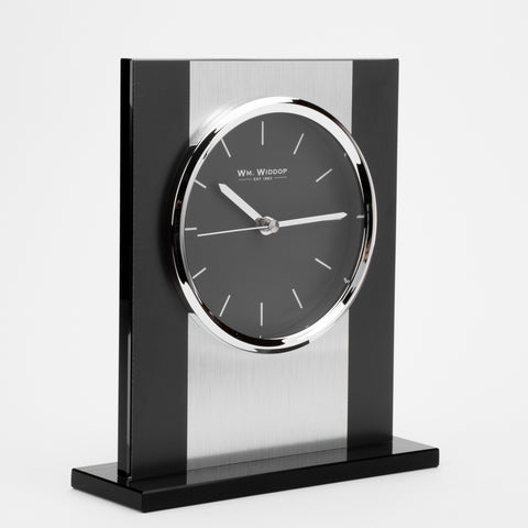  Black Glass Mantle Clock Silver Aluminium Chrome Timepiece 20.5cm Contemporary