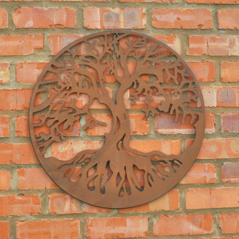 Tree of Life Garden Wall Art Round Plaque Disc Metal Ornament Brown Decor 60cm 