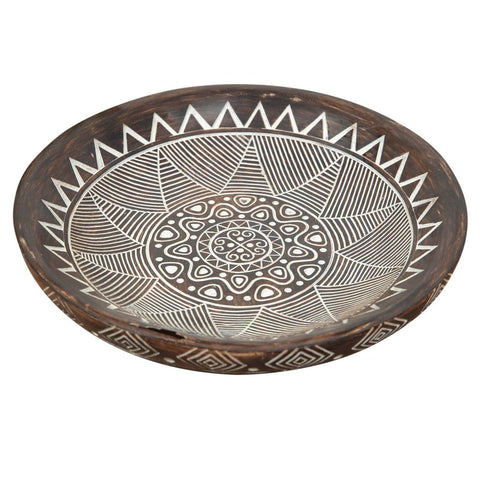 Decorative Bowl Dish Aztec Inspired Brown Handpainted White Sun Pattern 30cm
