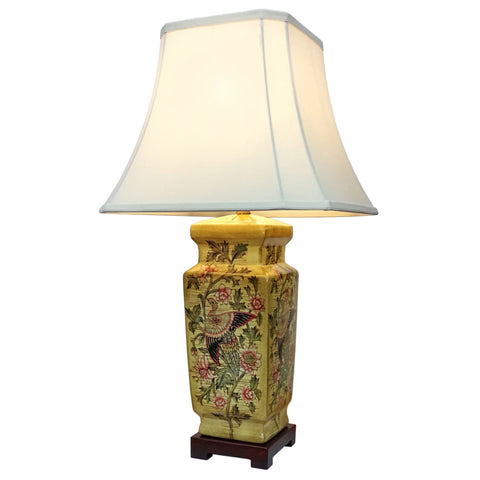 Oriental Chinese Ceramic Table Lamp with Shade Yellow Phoenix Floral Bird 70cm