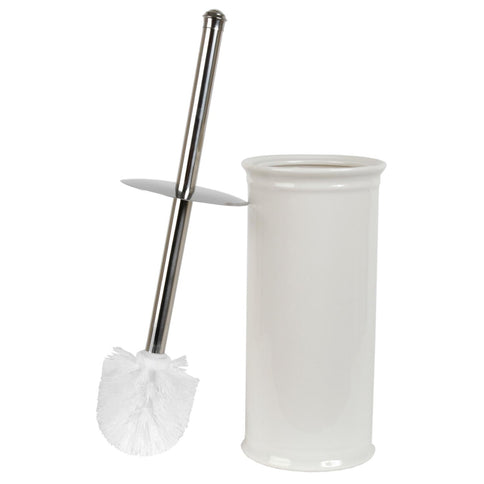 Bathroom Toilet Brush & Standing Holder White Ceramic Cleaning Set Glazed 24cm