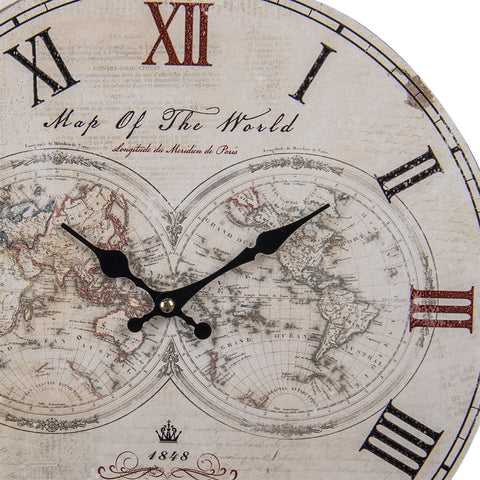 World Map Round Wall Clock Vintage Style Atlas Roman Numerals Wood Cream 34cm