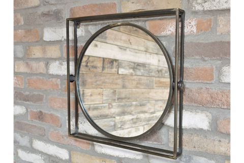 Industrial Style Round Wall Mirror Square Metal Frame Distressed Bronzed 47cm