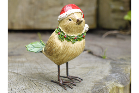 Bird Figurine Christmas Ornament Santa Hat Holly Freestanding Xmas Statue 11cm