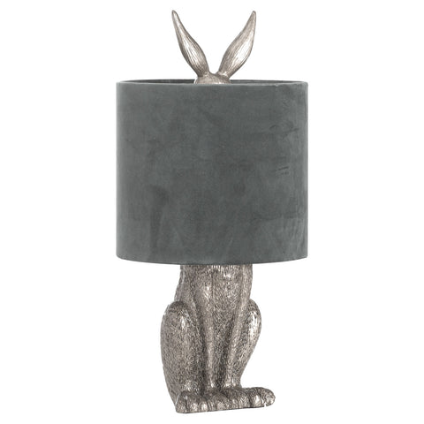 Sitting Hare Rabbit Ears Silver Table Lamp Grey Shade 50cm On Trend Lighting