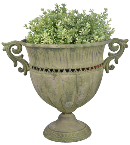 Vintage Style Aged Metal Green Round Plant Flower Urn Planter 30.5cm