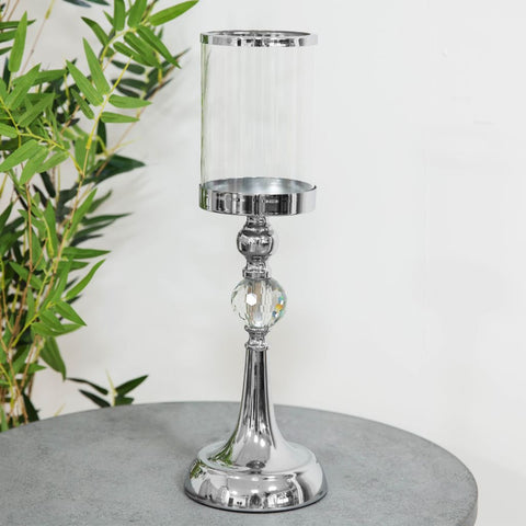 Tall Silver Chrome Metal & Glass Candle Holder Hurricane Lamp 41cm Wedding Table