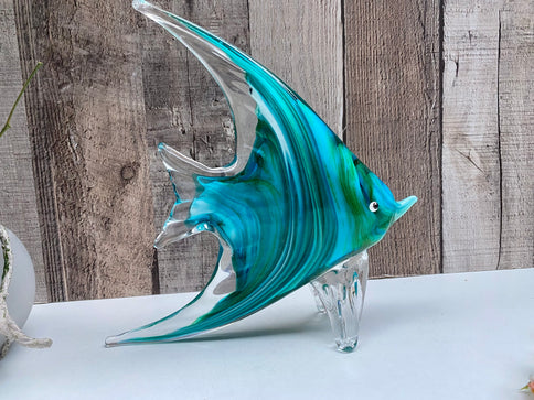 Hand Blown Art Glass Angel Fish Figurine Sculpture Blue Green 20cm